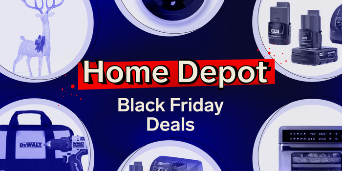 Collage of Home Depot Black Friday Deals 2022, including DeWalt Drill, Milwaukee Spot Blower, LED Holiday Buck Decoration, Air Fryer Toaster Oven, and Google Nest