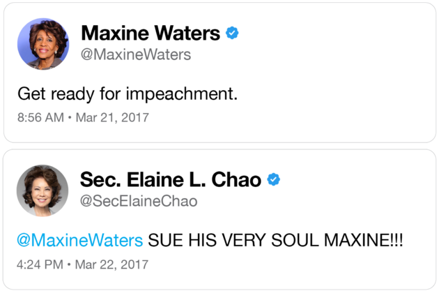 Tweets from Maxine Waters and Elaine Chao