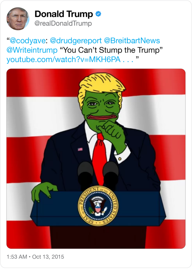 A deleted tweet from Donald Trump that quoted a tweet featuring an image of Trump as Pepe the Frog"