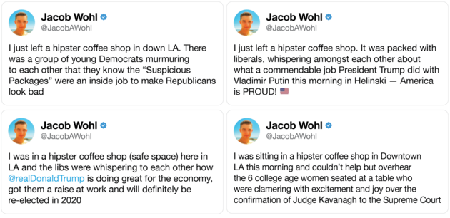 A series of tweets from Jacob Wohl about what he allegedly overhead in a "hipster coffee shop"
