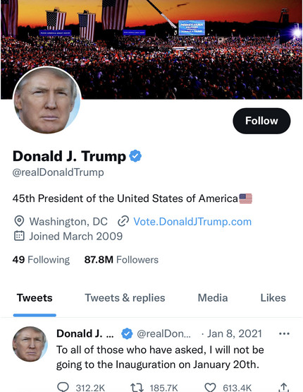A screenshot of Donald Trump's restored Twitter account