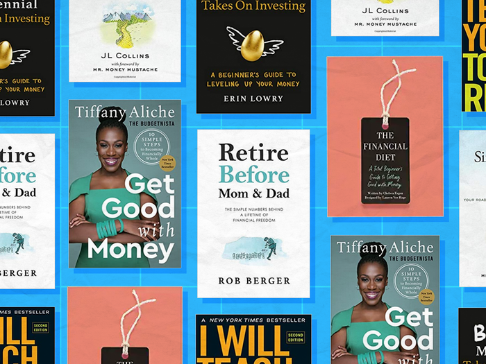 Pattern of best personal finance books, including I Will Teach You to Be Rich, The Simple Path to Wealth, and Get Good with Money