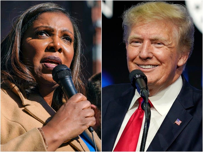 Side-by-side photos show New York Attorney General Letitia James, left, and Donald Trump