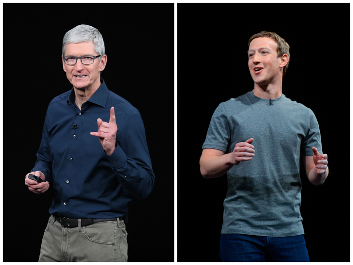 Apple CEO Tim Cook (left), and Meta CEO Mark Zuckerberg (right)