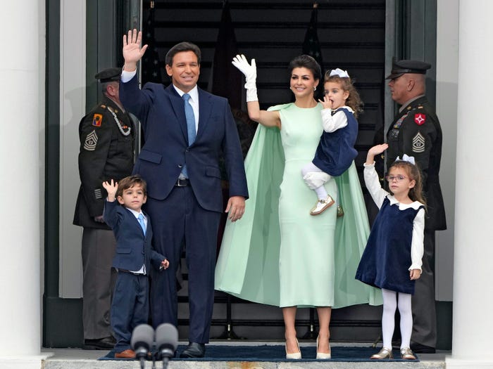Florida Gov. Ron DeSantis, second from left, waves as he arrives with his wife Casey, right, and their children Mason, Madison, and Mamie during his inauguration ceremony outside the Old Capitol Tuesday, January 3, 2023, in Tallahassee, Florida.
