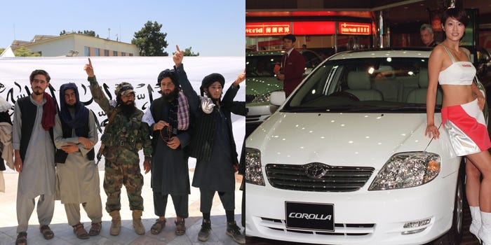 Taliban soldiers and image of Toyota Corolla
