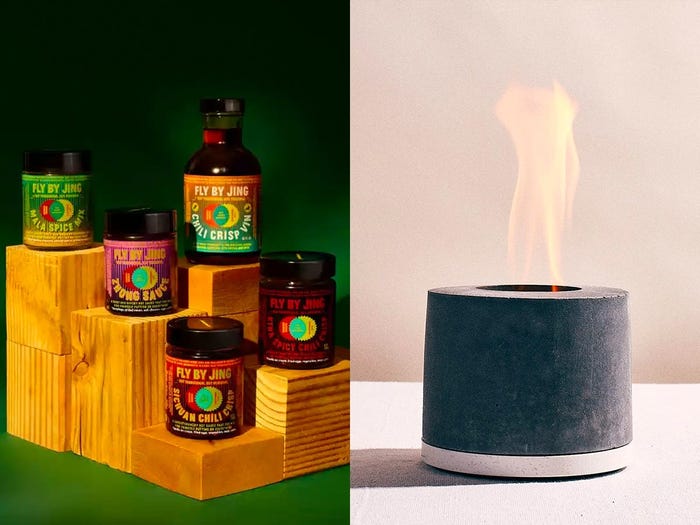 Side by side images of the Fly by Jing Sichuan flavor packs assembled on wooden blocks and a Flikr personal fireplace with flames coming out of it.