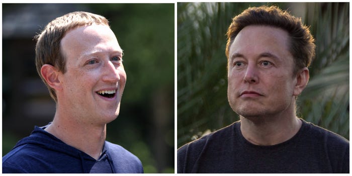 A side-by-side composite image of Mark Zuckerberg and Elon Musk.