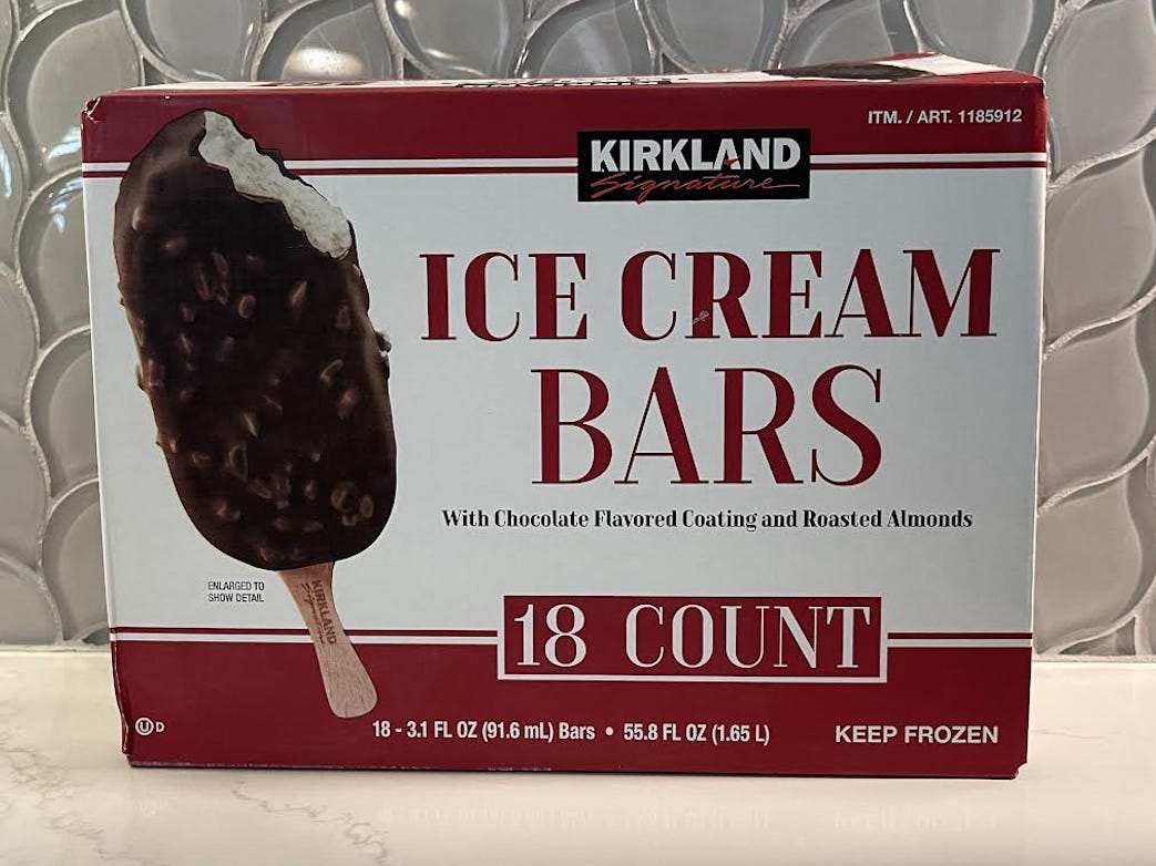 A box of Kirkland Signature Ice Cream Bars.