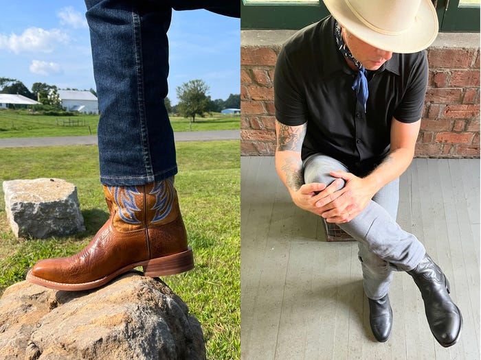 A side by side of someone with their leg propped on a rock outside while wearing brown cowboy boots next to a person sitting with their legs crossed while wearing black cowboy boots.