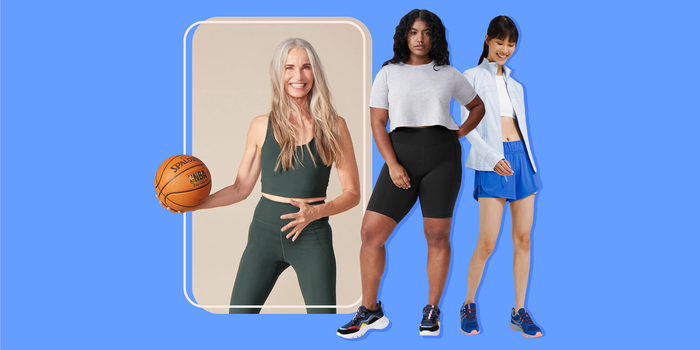 Three people wearing different activewear sets in front of a blue background.