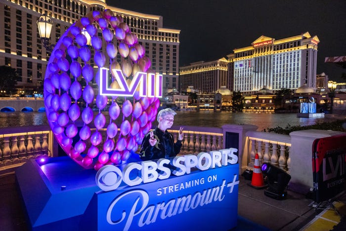 Logo of football for Super Bowl with CBS and Paramount logos