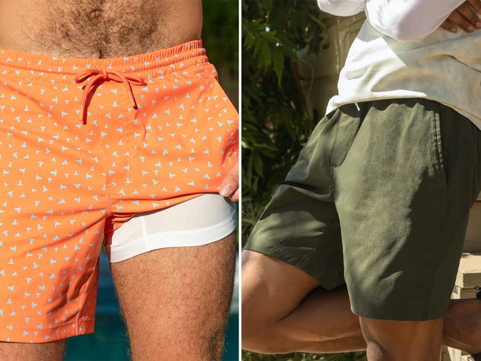 A side by side of two models in Birddogs and Everlane swim trunks.