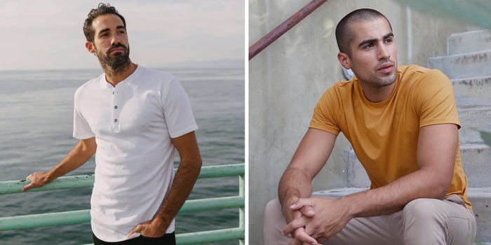 A side-by-side of a person wearing a white tee next to a person wearing a mustard yellow tee.