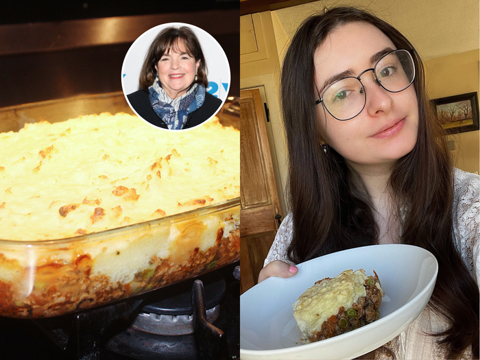 ina garten the finished shepherds pie and author holding a plate of the pie side by side