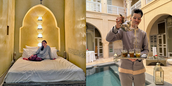 jamie posing for a photo on a bed in a Moroccan riad and a staff member at a riad serving Moroccan tea by a pool