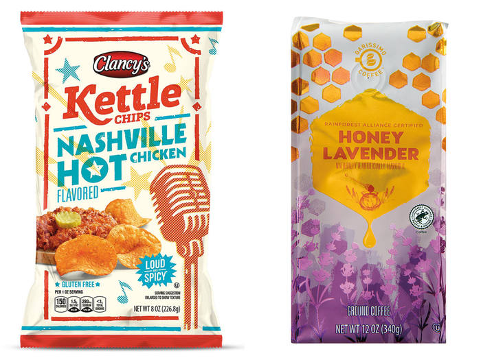 Clancy's hot Nashville chicken chips next to image of Honey lavender Barissimo coffee