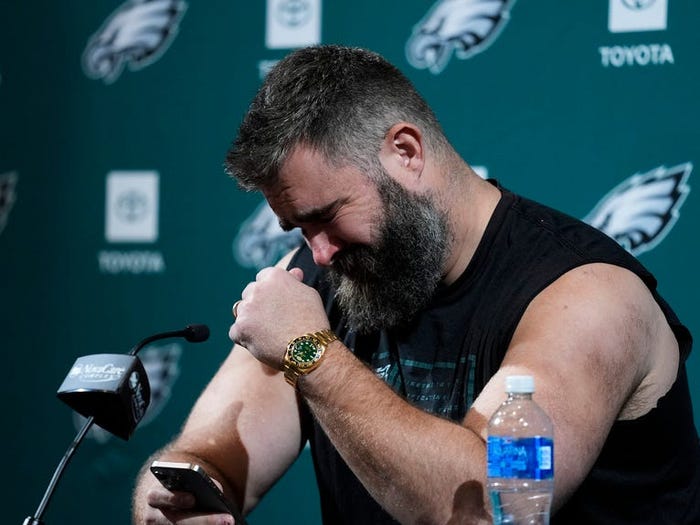 Philadelphia Eagles' Jason Kelce reacts during an NFL football press conference announcing his retirement in Philadelphia, Monday, March 4, 2024.