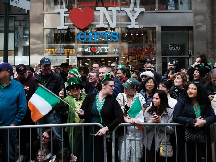 People watch the St. Patrick's Day Parade along 5th Ave. on March 17, 2023 in New York City. Known as the world's largest St. Patrick's Day Parade, dozens of bands, performers politicians, and other groups made their way up Fifth Avenue in a celebration of Irish heritage