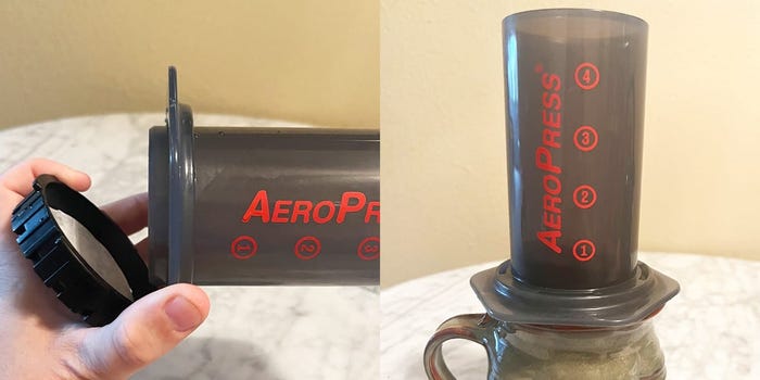Side by side images of a hand holding an AeroPress coffee maker and the coffee maker resting on top of a coffee mug.