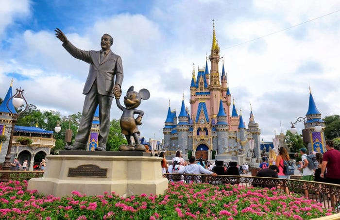 The statue of Walt Disney and Mickey Mouse at Cinderella Castle at the Magic Kingdom, at Walt Disney World, in Lake Buena Vista, Florida.