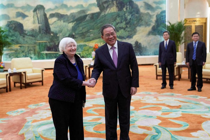 US Treasury Secretary Janet Yellen meets Chinese Premier Li Qiang at the Great Hall of the People in Beijing, China, April 7, 2024.