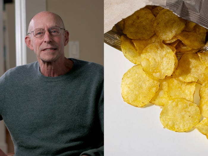 A side-by-side of Michael Pollan on the left and a bag of potato chips on the right.