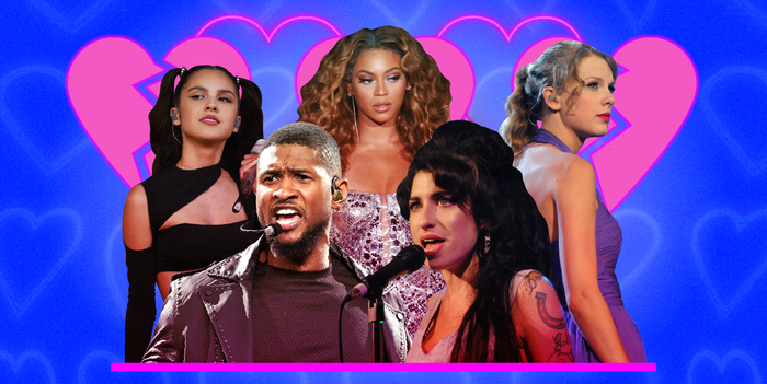 Artist with best breakup songs of the 21st Century, surround by broken hearts from top left: Olivia Rodrigo, Beyoncé, Taylor Swift, Usher and Amy Winehouse