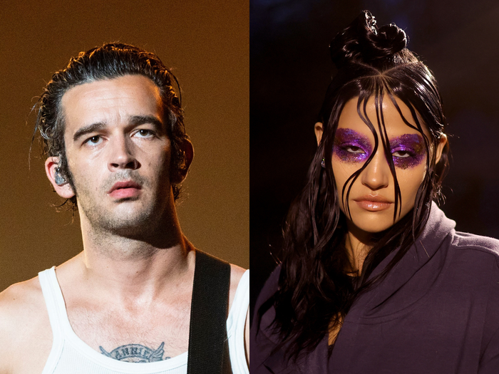 left: matty healy onstage, his hair slicked back, wearing a tank top and appearing sweaty with a guitar strap over his shoulder; right: gabriette bechtel in makeup for the savage x fenty show, with dramatic purple sparkling makeup over her eyes, and her hair styled as if wet