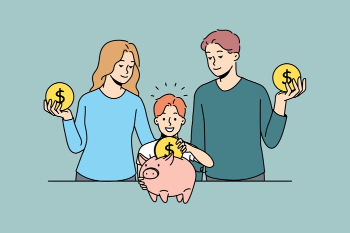 Parents and child putting money in a piggy bank.