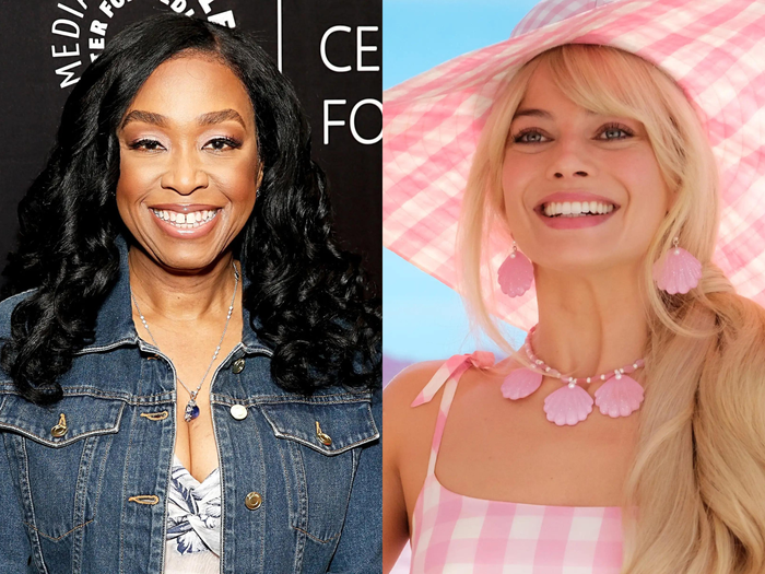 left: shonda rhimes smiling widely, her hair worn in soft curls and wearing a denim jacket; right: margot robbie as barbie in the barbie movie, wearing a pink gingham outfit