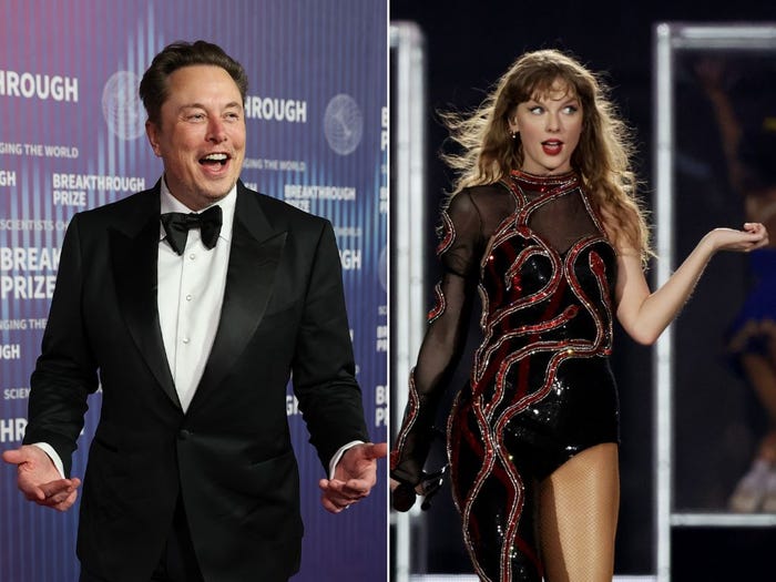 Elon Musk (left) and Taylor Swift (right).