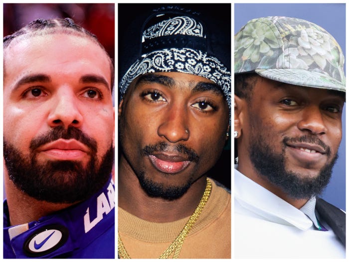 A photo stitch of Drake, Tupac, and Kendrick Lamar. Drake is frowning, and Kendrick is smiling