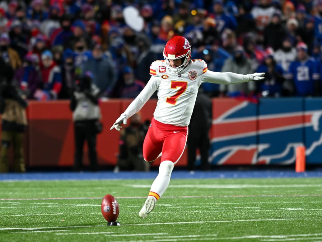 Kansas City Chiefs place kicker Harrison Butker (7) in motion for a kickoff in the first half of a 2024 AFC divisional round game against the Buffalo Bills at Highmark Stadium.
