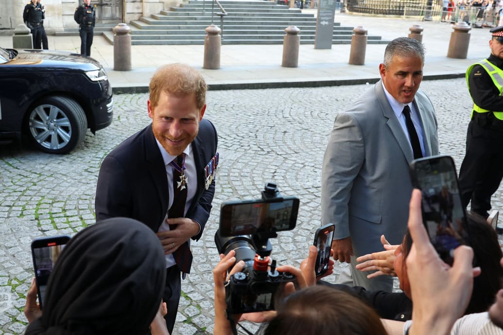 Prince Harry speaks to well wishers as he leaves after attending the Invictus Games Foundation 10th Anniversary Service of Thanksgiving at St Paul’s Cathedral, in London, Britain, May 8, 2024.
