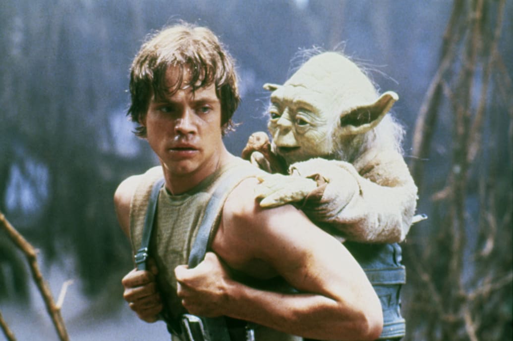 Photo still of Mark Hamill and Yoda in Empire Strikes Back