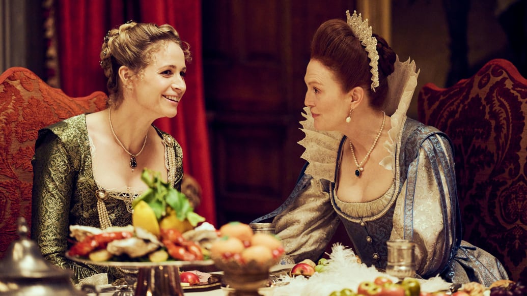 A photo including Niamh Algar and Julianne Moore in the series Mary & George on Starz