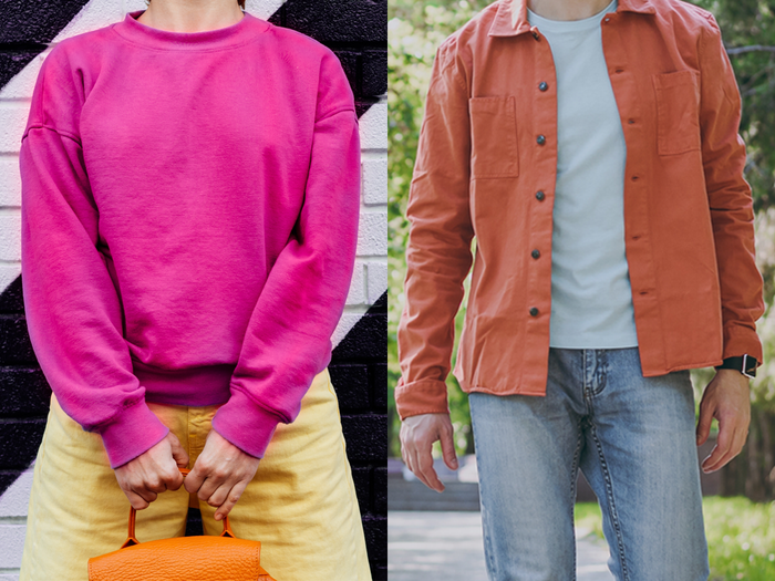 An image of a woman wearing magenta sweater and yellow pants while holding orange bag next to the image of a man wearing jeans, a T-shirt, and an orange shirt.