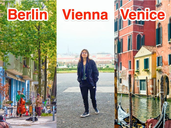 Three photos with red labels of their locations; Left: musicians on a street in Berlin with green trees towering over. Center: The author wearing black stands on concrete with hazy buildings behind her in Vienna. Right: A gondola in a Venice canal with red and yellow buildings across the water