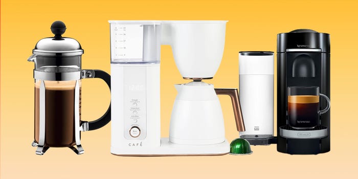 Three coffee makers on a yellow gradient background.