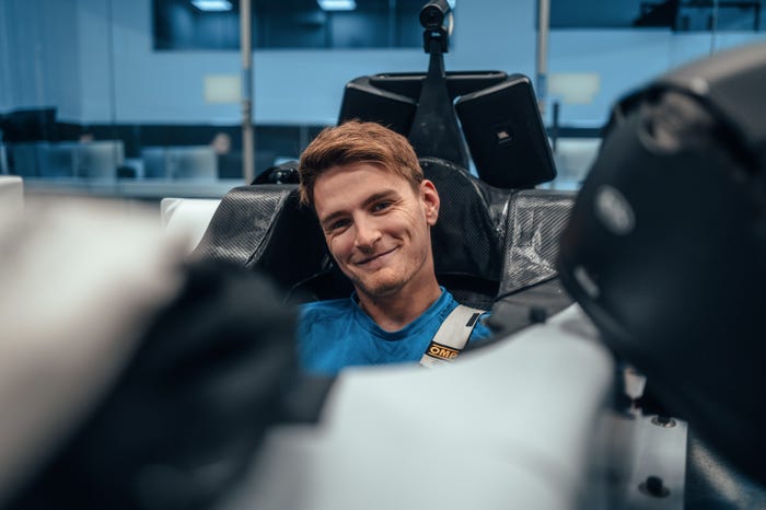 Williams Racing driver Logan Sargeant in a simulator to prepare for a Formula 1 race