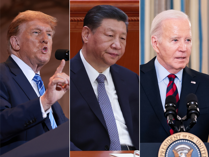 A triptych of Trump, Xi, and Biden attending separate conferences.