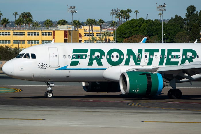 A Frontier Airlines Airbus A320-251N jet taxis at the single runway San Diego International Airport after arriving from Phoenix on January 13, 2024 in San Diego, California.