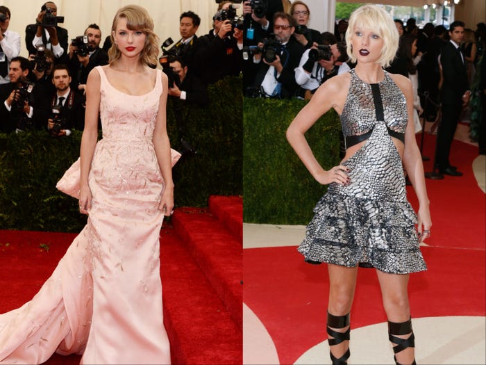 A side-by-side of Taylor Swift at the 2014 and 2016 Met Galas, where she wore two very different looks. The former was Old Hollywood, while the latter was futuristic, in keeping with the event's theme.
