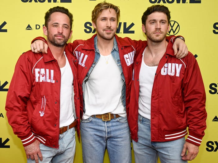 Ryan Gosling next to his two stunt doubles, Logan Holladay (L) and Ben Jenkin (R).