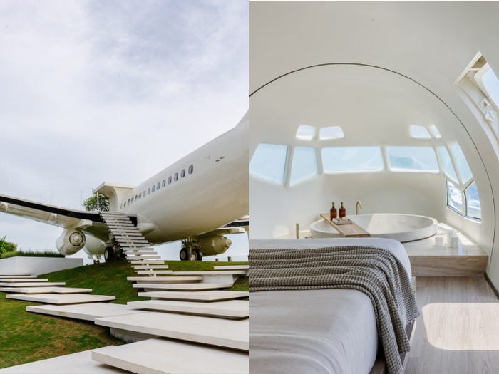 A side-by-side of a plane with steps leading to it and a jacuzzi built into a cockpit.