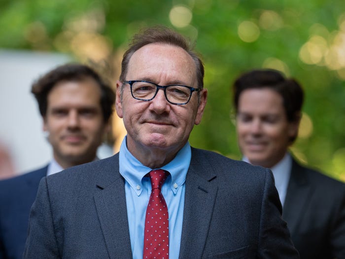 Kevin Spacey, photographed arriving at a London court to attend a sexual assault trial in 2023, of which he was found not guilty on nine charges.