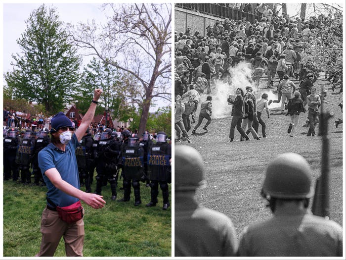 A student protester with his fist in the air walking by police in present day; national guard encroaching on kent state in 1970