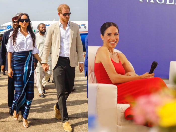 A side-by-side of Meghan Markle and Prince Harry walking and Meghan Markle smiling.