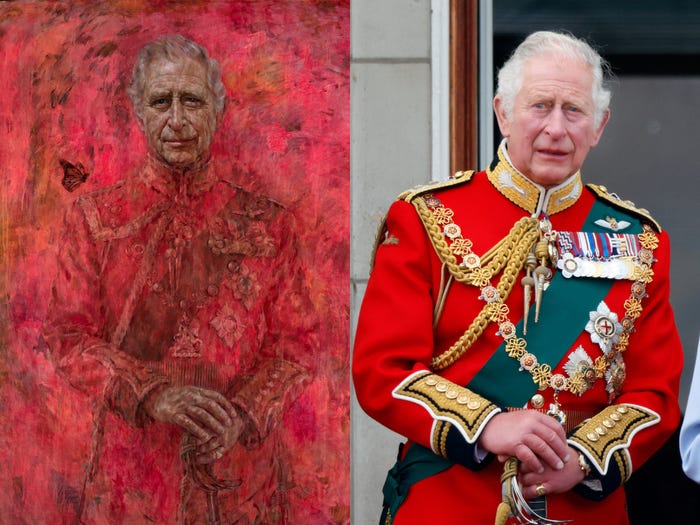 A portrait, using mostly different shades of red paint, of King Charles III depicting the monarch in military regalia next to a photograph of the king wearing the same uniform.